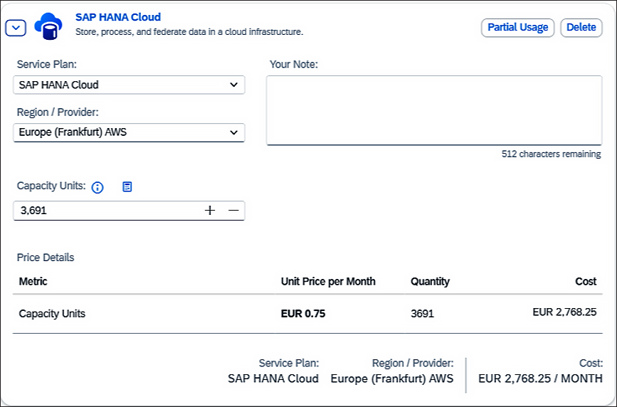Service Estimator for SAP HANA Cloud
