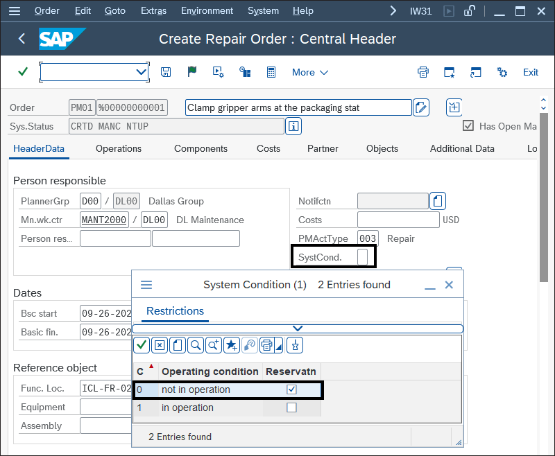Transaction IW32 Work Order: System Condition