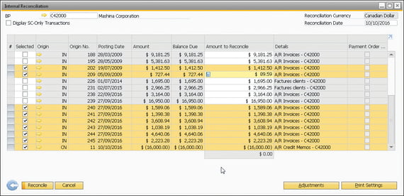 Select Options to Reconcile