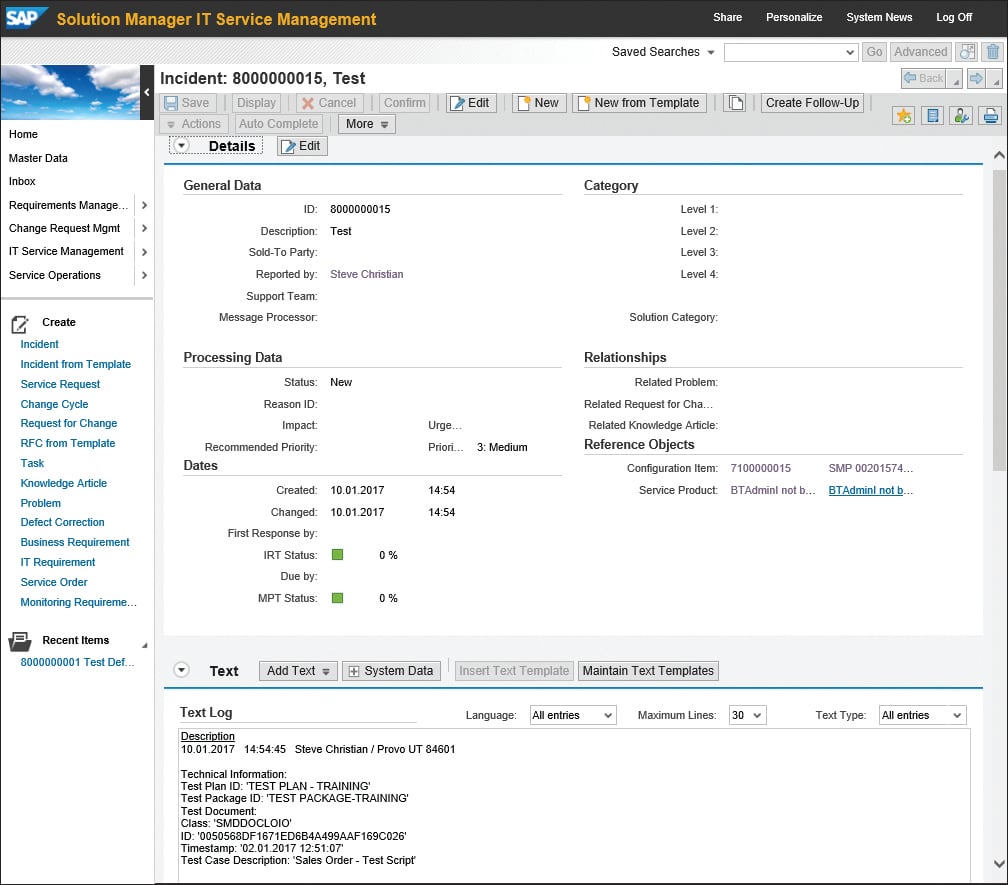 SAP Solution Manager ITSM Incident Page