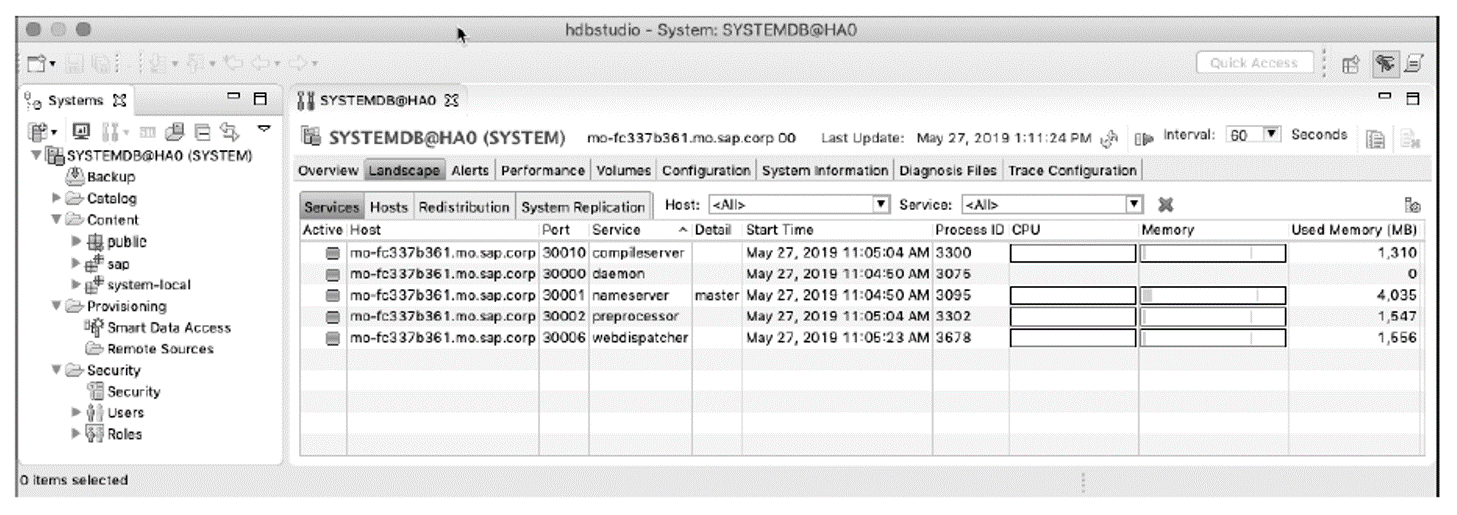 Systems View and Administration Perspective in hdbstudio