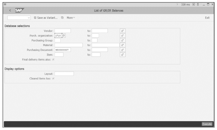 List of GR/IR Balances for a Purchase Order: Selection Screen