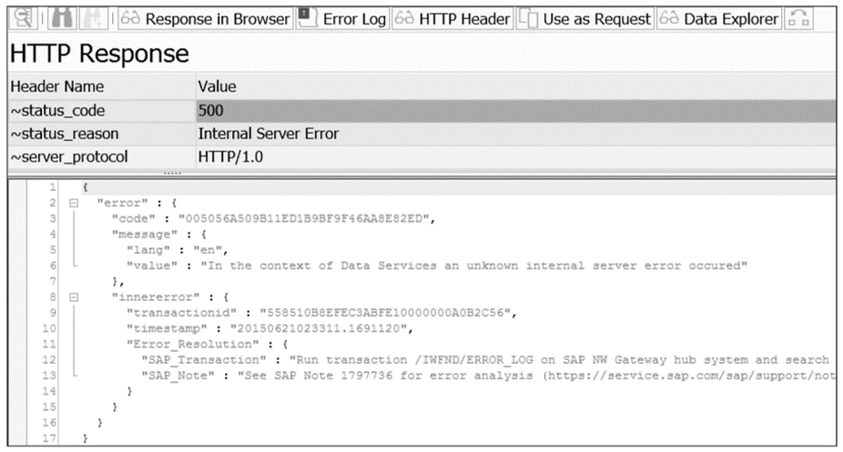 500 Respuesta de error del servicio OData