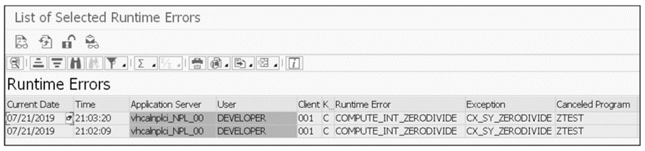 Result List of Unhandled Exceptions Selected from Transaction ST22