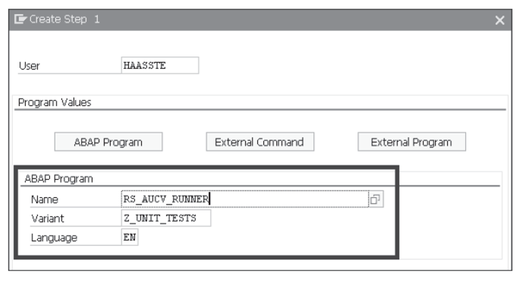Adding the ABAP Unit Runner and Our Previously Saved Variant to the Job Definition