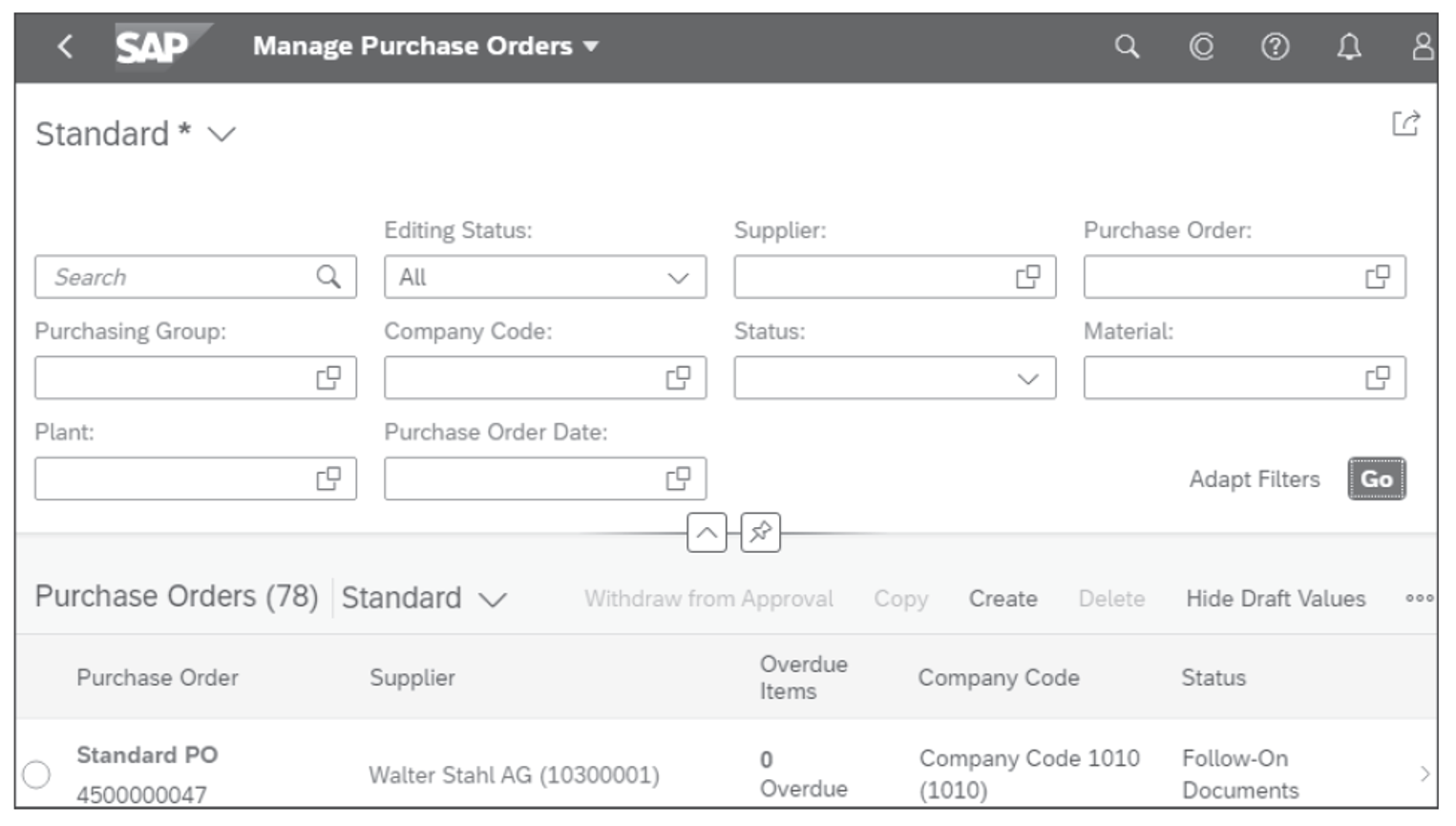 Table from the Manage Purchase Orders App