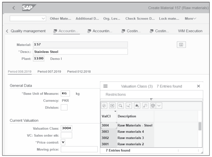 Assigning the Newly Created Valuation Class to a Material