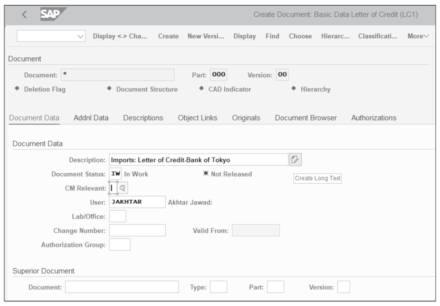 Document Data Tab of the Document Info Record