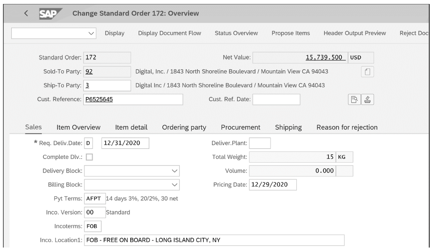 Change Standard Order 172: Ship-to Party Changed