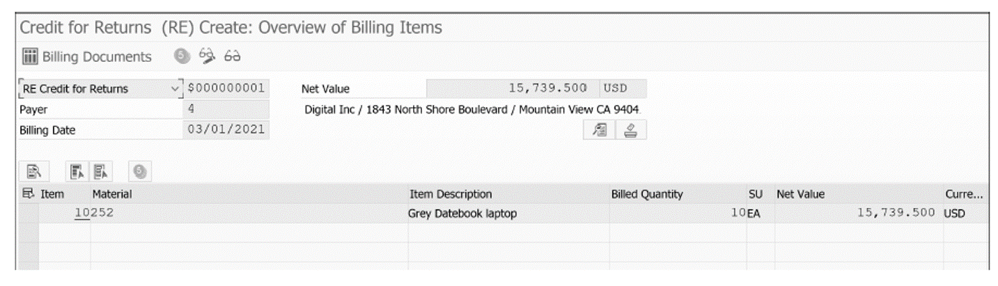 Credit for Returns RE Create: Overview of Billing Items Screen