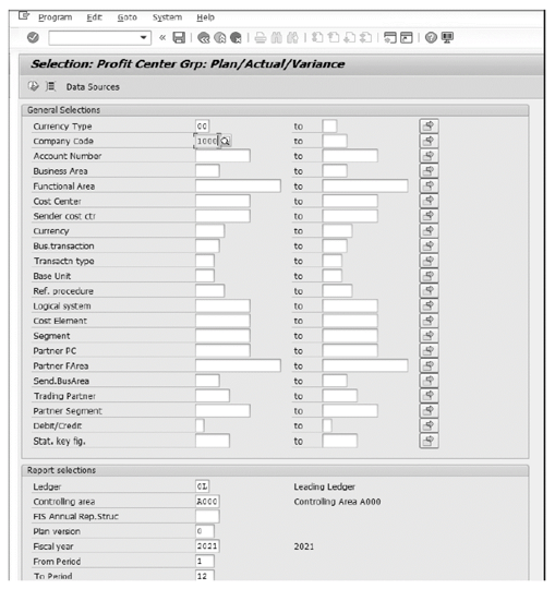Profit Center Actual/Plan Comparison Report Selections