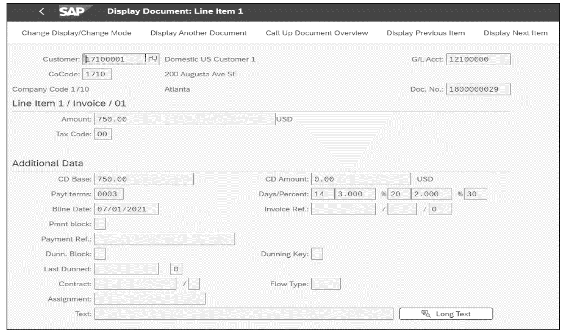 Accounts Receivable Line Item with Baseline Date, Payment Terms, and Days