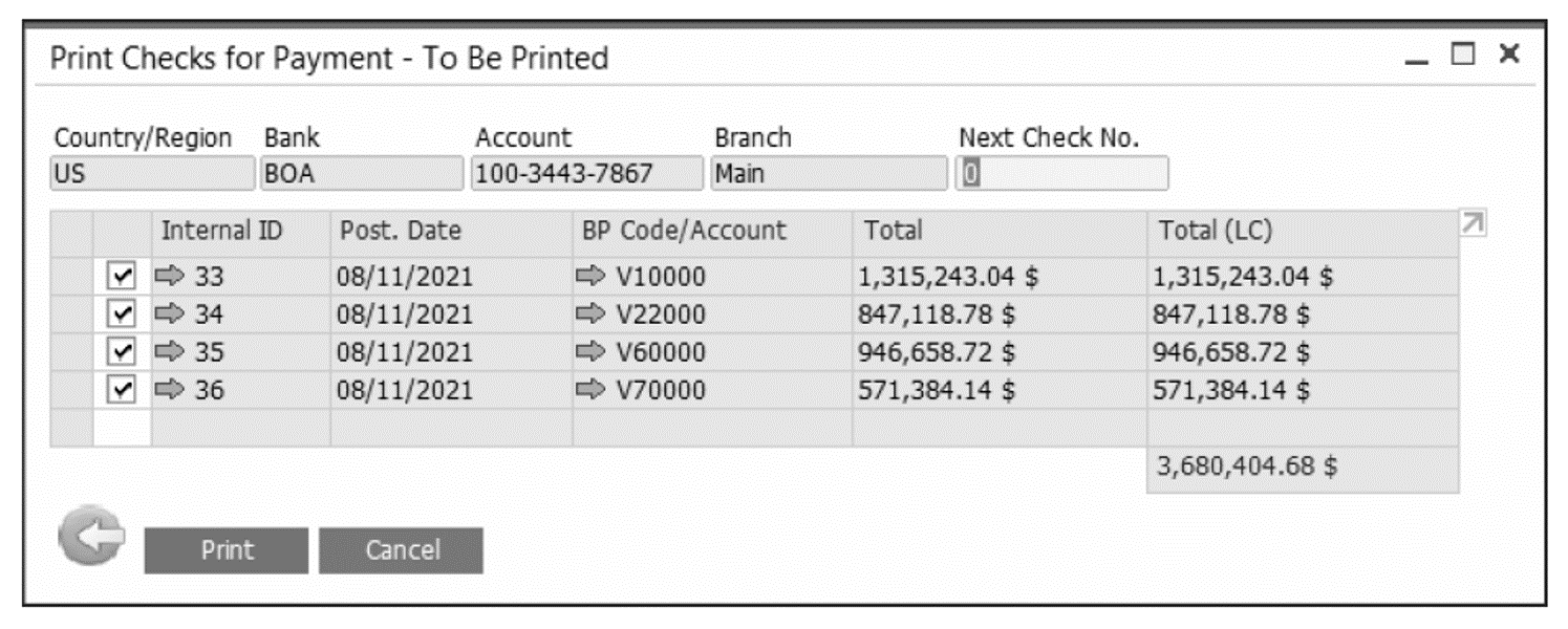 Print Checks for Payment: To Be Printed Screen