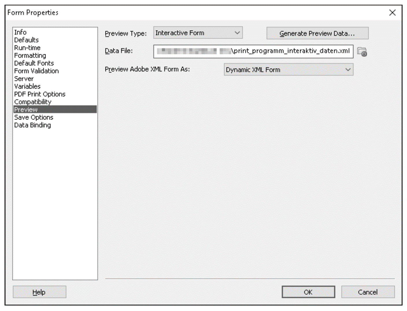 Preview Page of the Form Properties Dialog