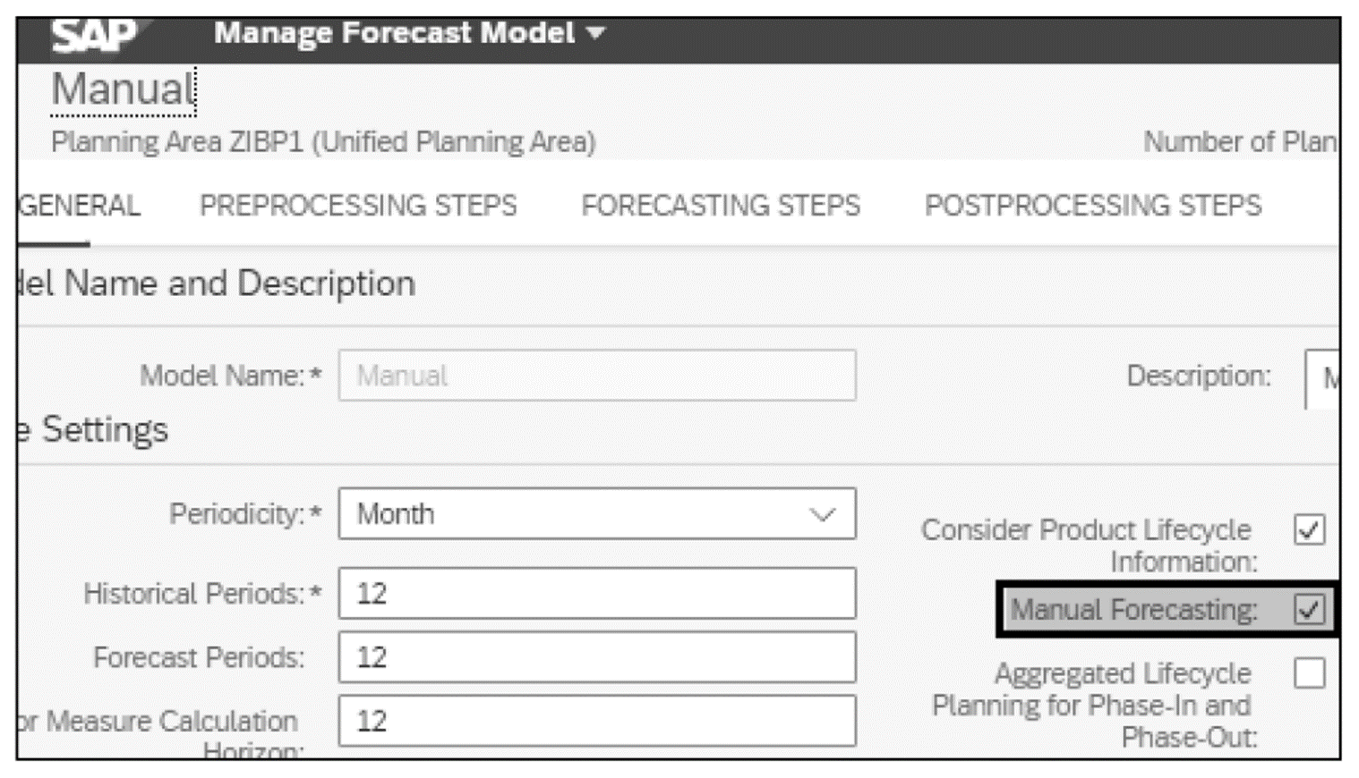 Administrar modelo de pronóstico: Opción de pronóstico manual
