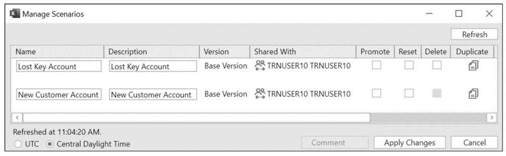 integrated business planning excel Manage User-Defined Scenarios
