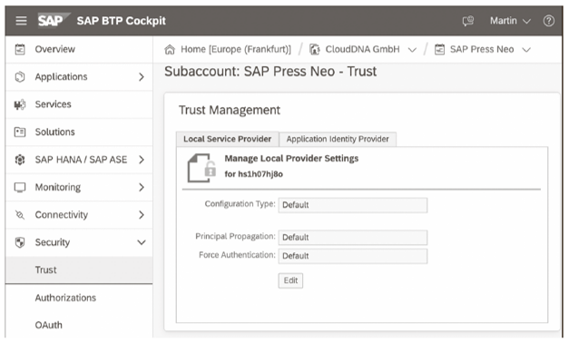 SAP BTP, Neo Environment: Trust Configuration in the Subaccount