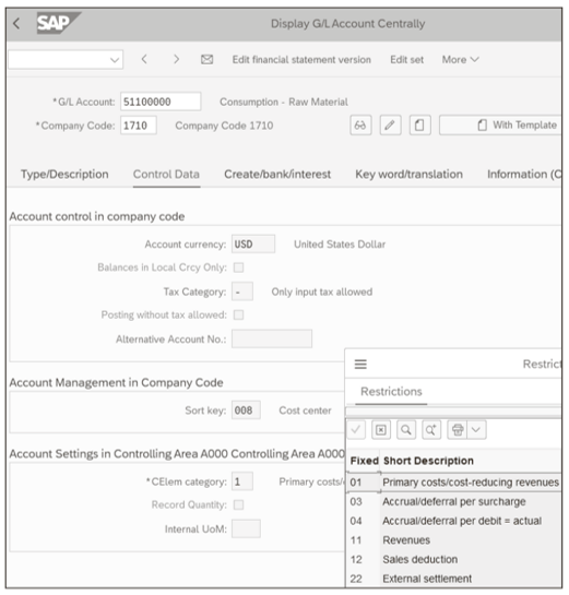 Cost Element Categories Available for Primary Costs or Revenue