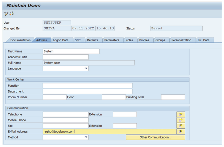 Transaction SU01: Address Data Screen for a User