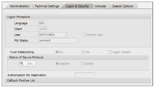 RFC Logon & Security Tab