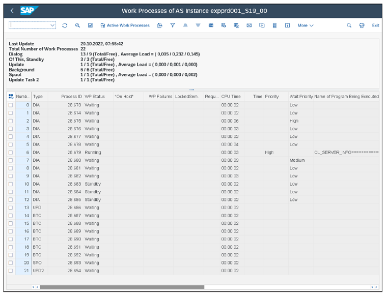 Transaction SM50: Active and Standby Dialog Processes