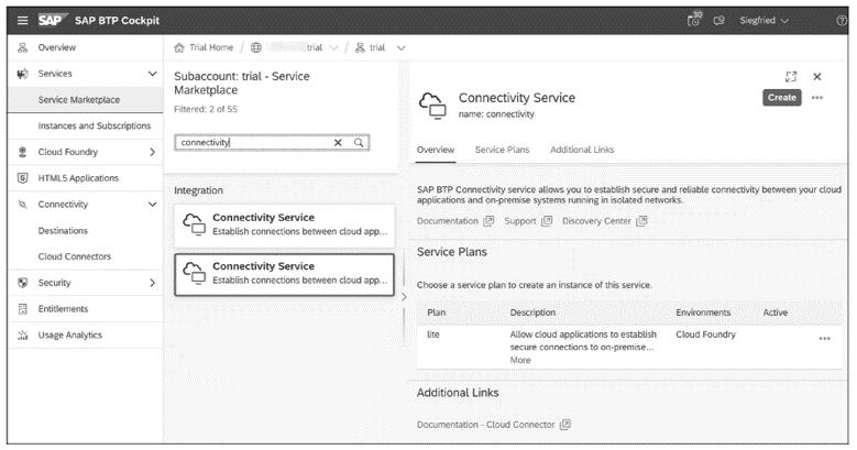 Finding SAP Connectivity Service within Service Marketplace