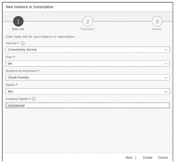 Instance Creation for SAP Connectivity Service