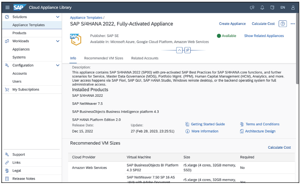 SAP S/4HANA 2022 Fully-Activated Appliance in SAP Cloud Appliance Library