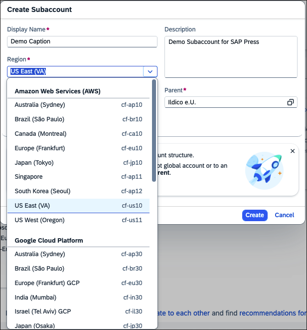 Selecting Subaccount Region