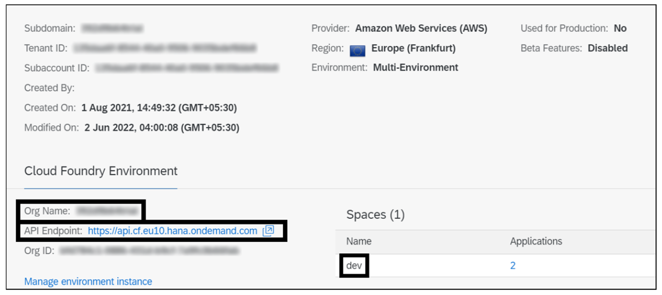 SAP BTP Account Details