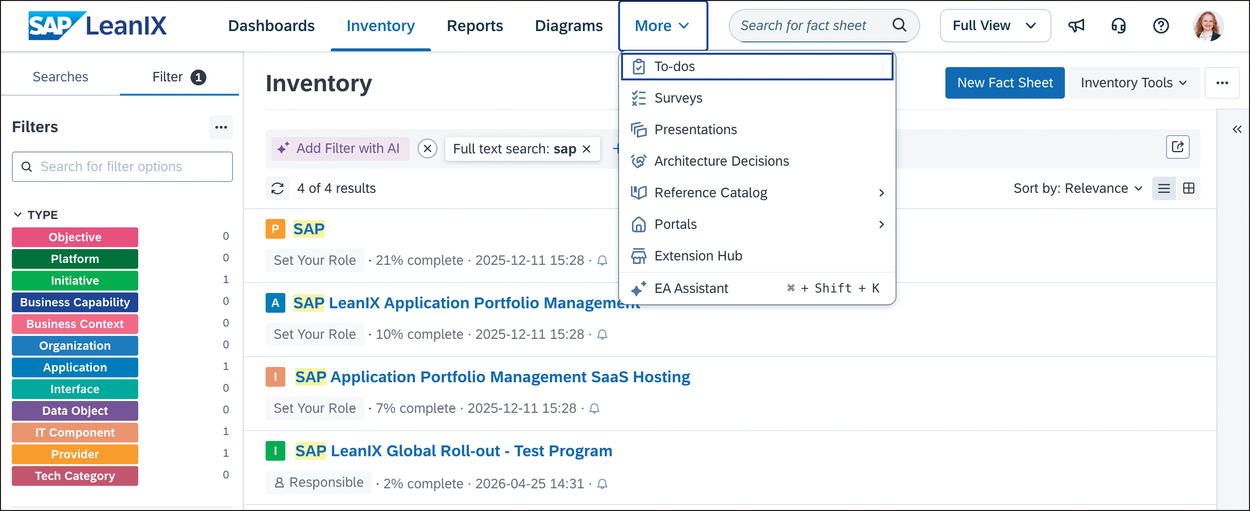 SAP LeanIX Application Portfolio Management: Top Ribbon Options