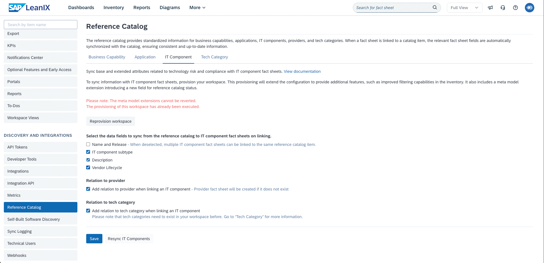 SAP LeanIX Technology Risk and Compliance: IT Component Catalog Settings