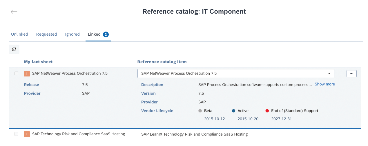SAP LeanIX Technology Risk and Compliance: IT Component Catalog Vendor Lifecycle Example