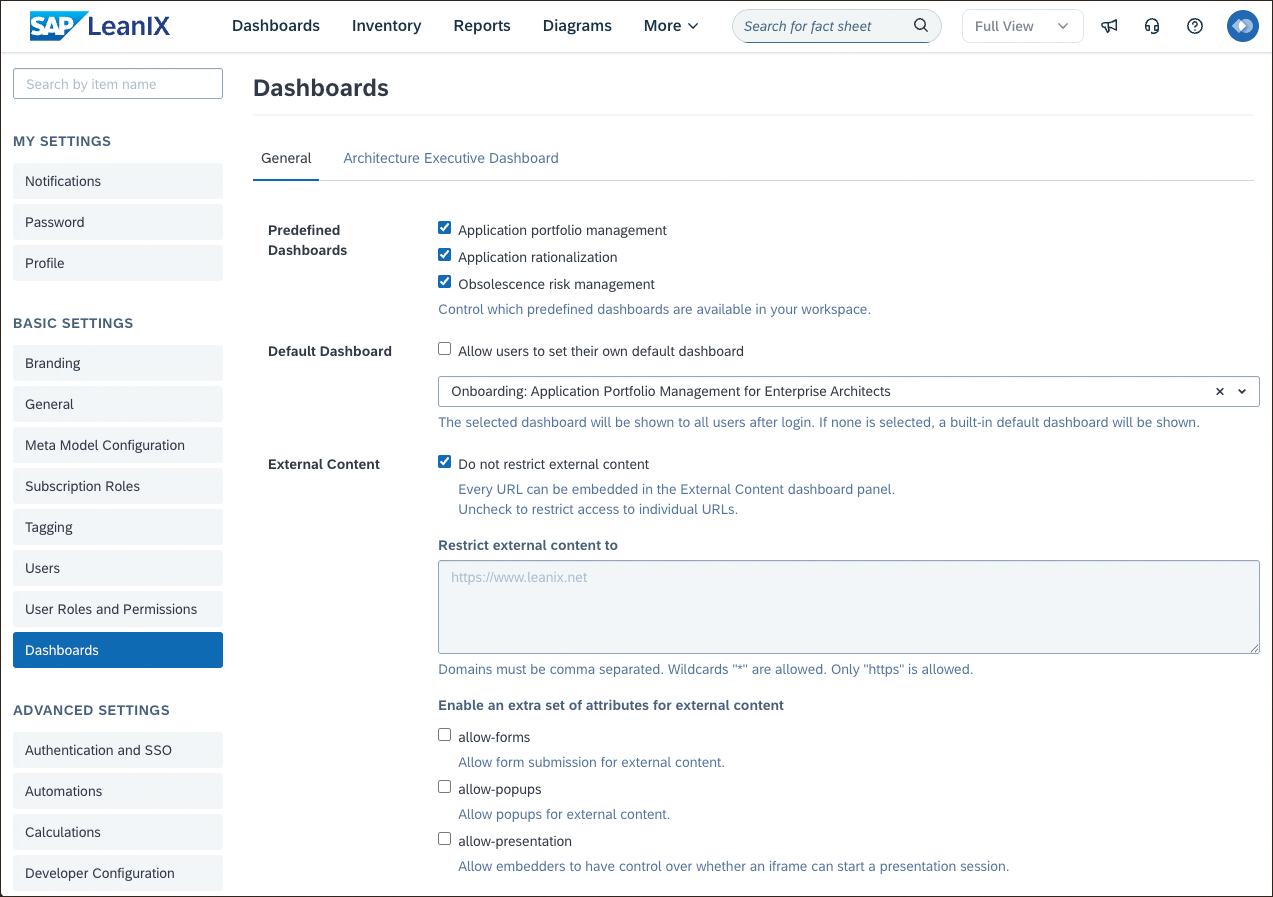 SAP LeanIX Technology Risk and Compliance: Dashboard Options in Administration Area