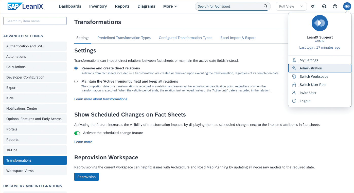 SAP LeanIX Architecture and Road Map Planning: Predefined Transformation Settings in Administration Area
