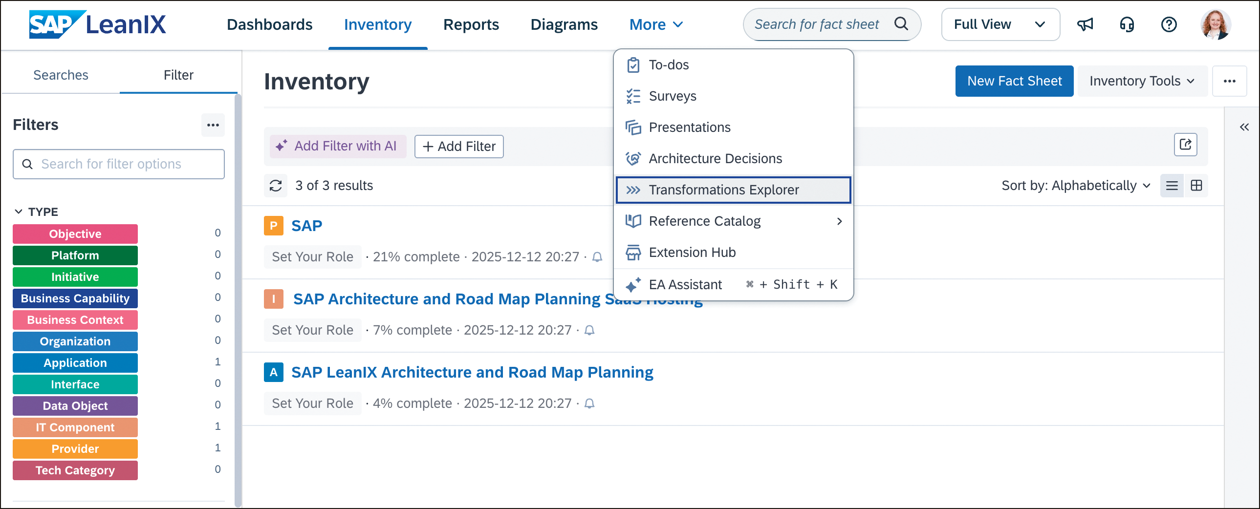 SAP LeanIX Architecture and Road Map Planning: Architecture Decisions and Transformations Explorer Capabilities Menu Options