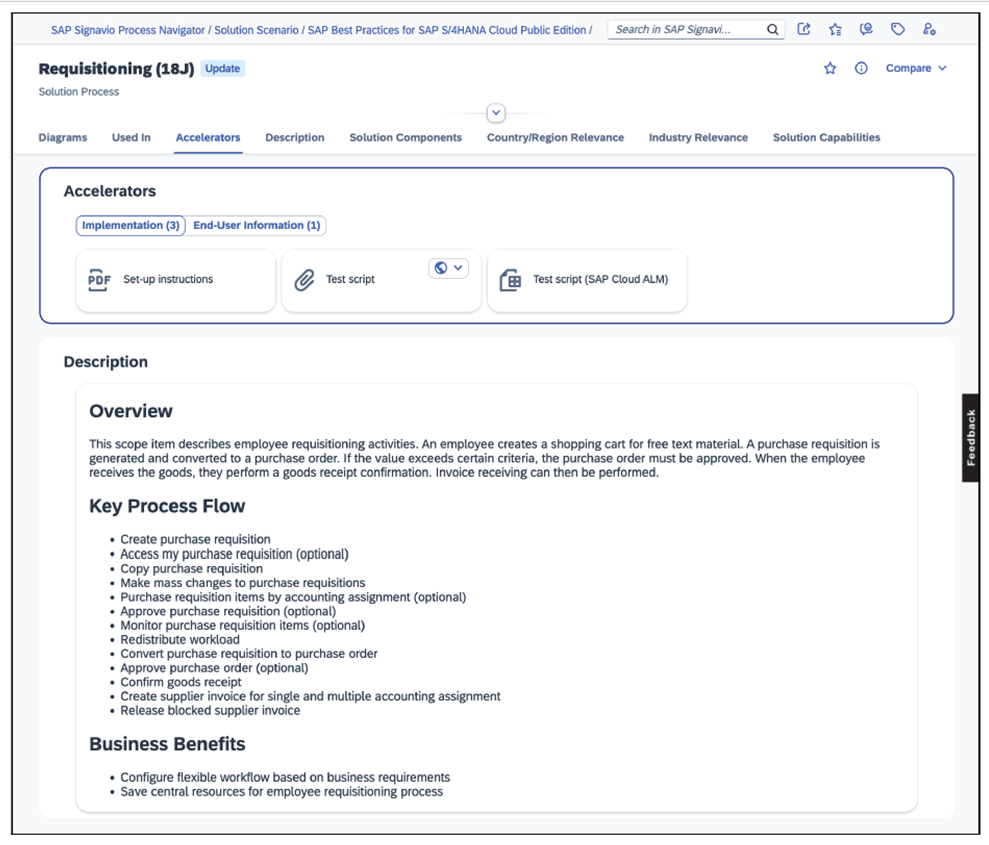 Solution Process Requisitioning (18J) Showing Solution Process Description and Business Benefits