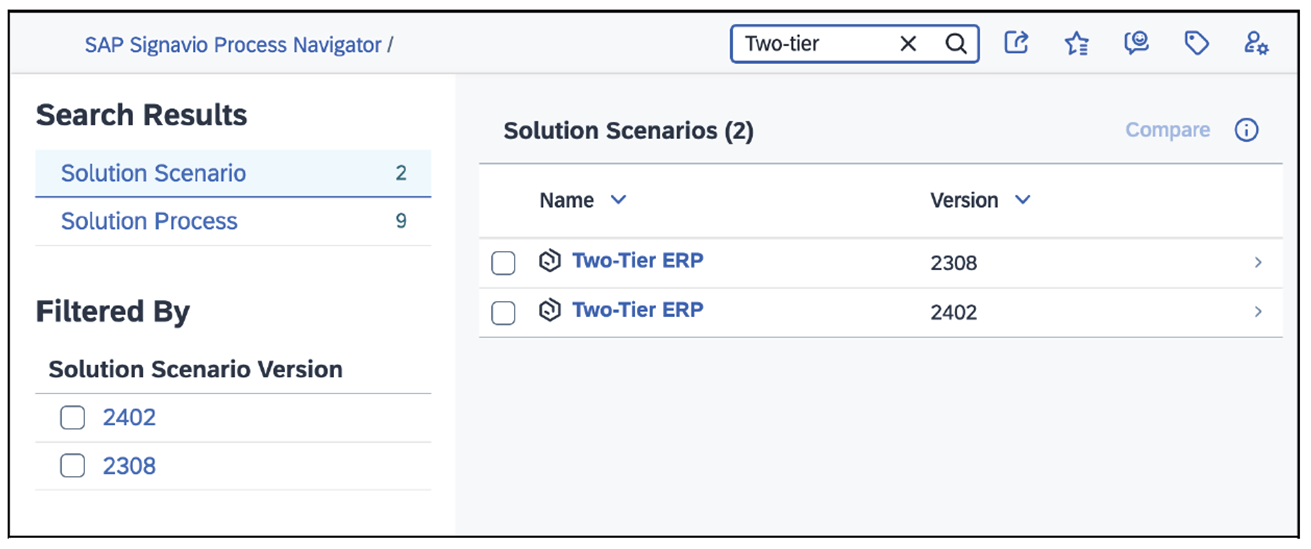 Searching for Two-Tier ERP Solution Scenario in SAP Signavio Process Navigator