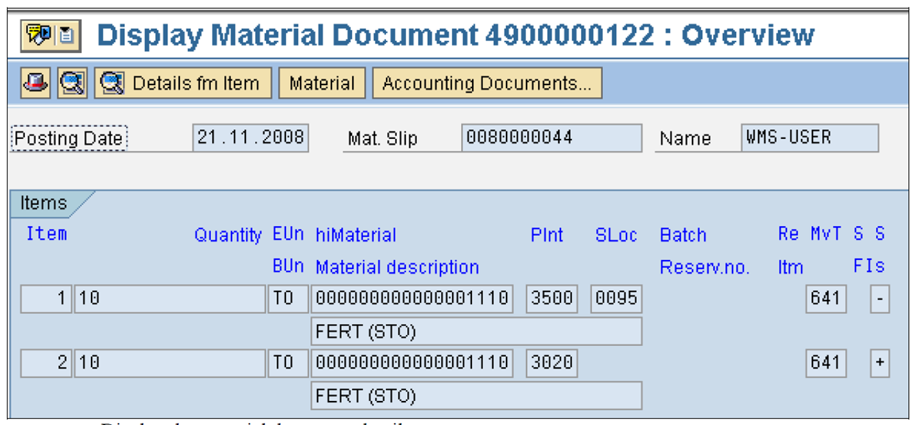Display the material document details