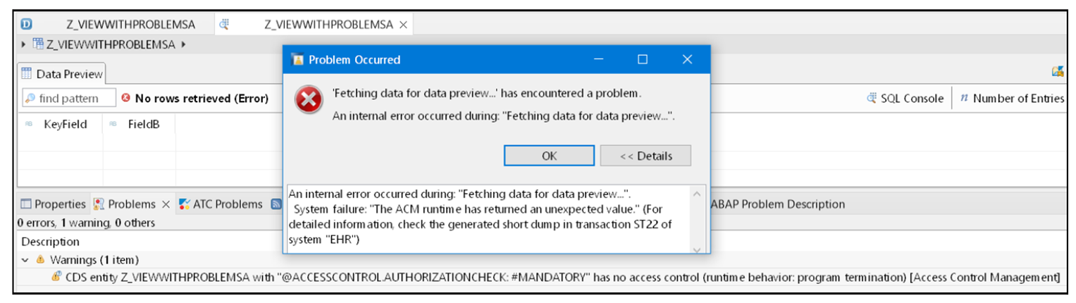 Runtime Error When Selecting from CDS View Z_ViewWith-ProblemsA