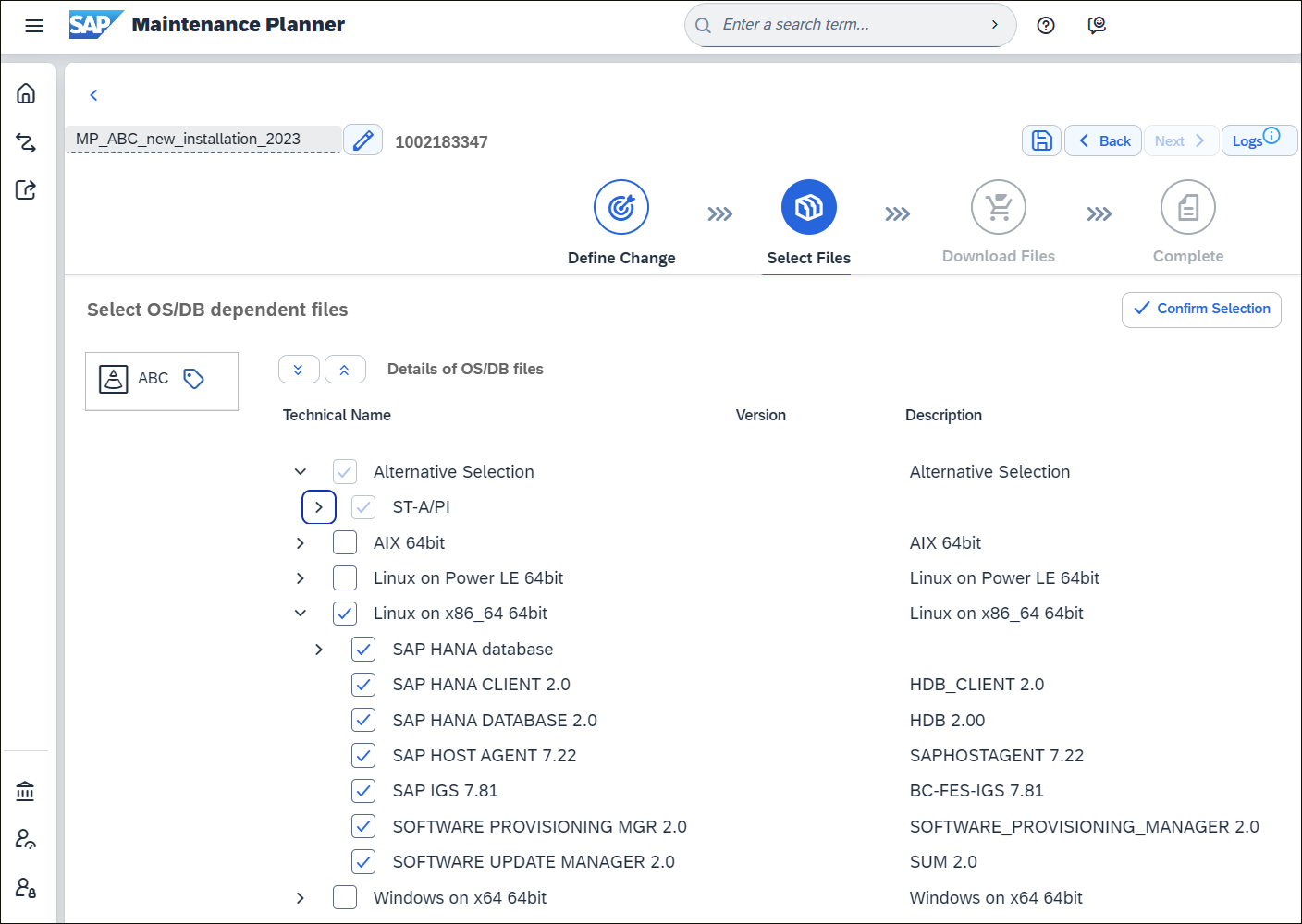 Selecting the SAP Kernel and Other Archives in the Maintenance Planner