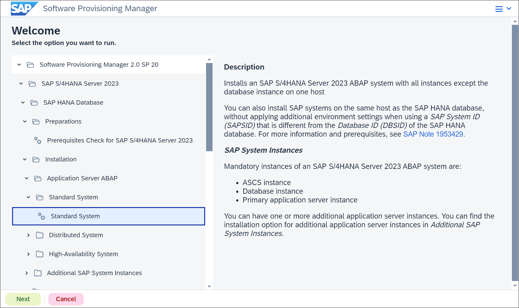 Initial Screen of the Software Provisioning Manager