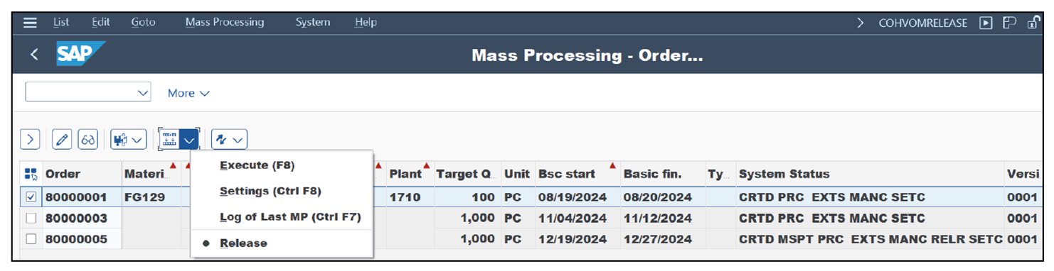 Mass Processing of Production Orders, Detailed Screen