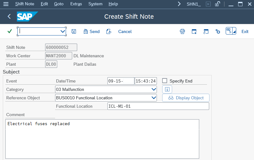 Transaction SHN1: Create Shift Note