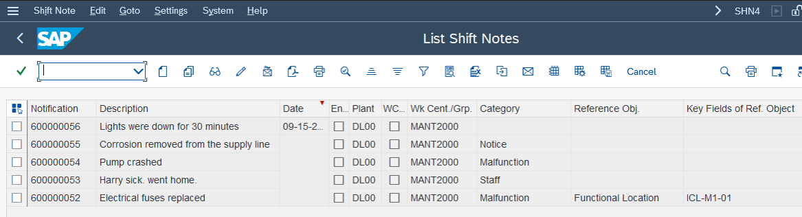 Transaction SHN4: List Shift Notes