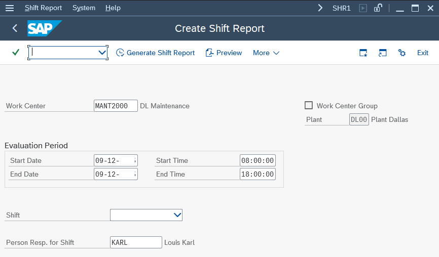 Transaction SHR1: Create Shift Report