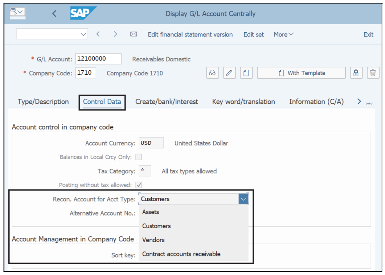 Control Data to Specify Reconciliation Account Type