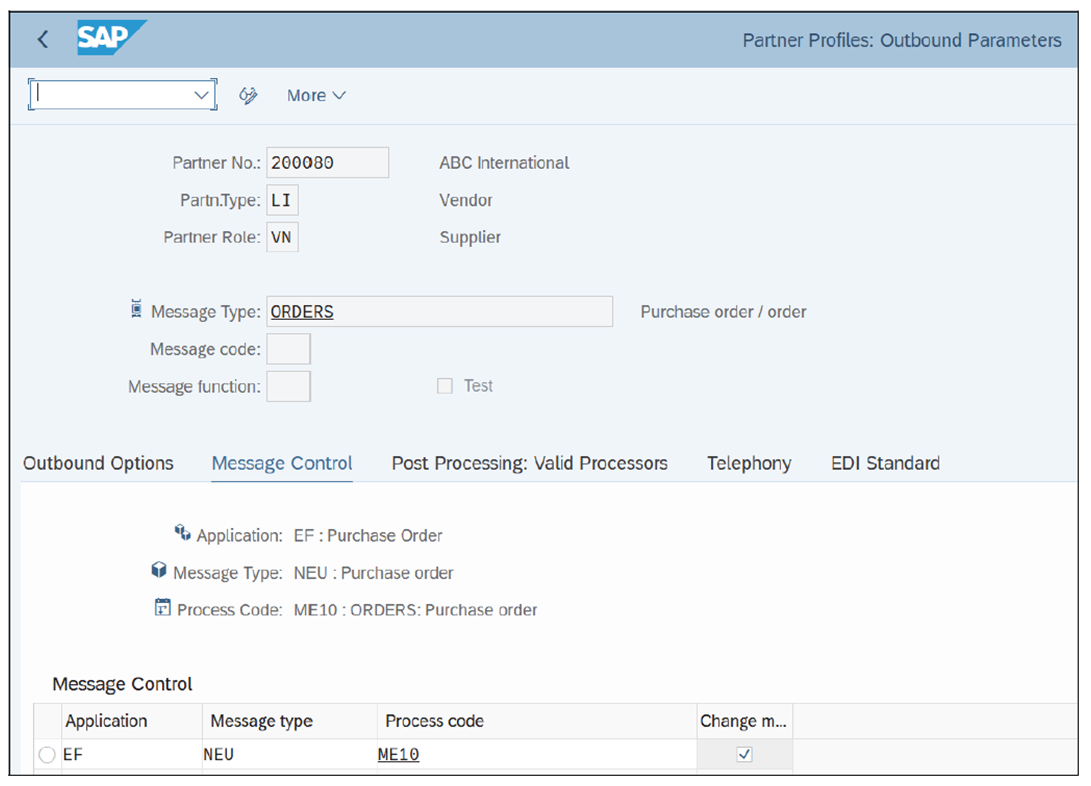 Partner Profile for Vendor with Outbound Parameters: Message Control