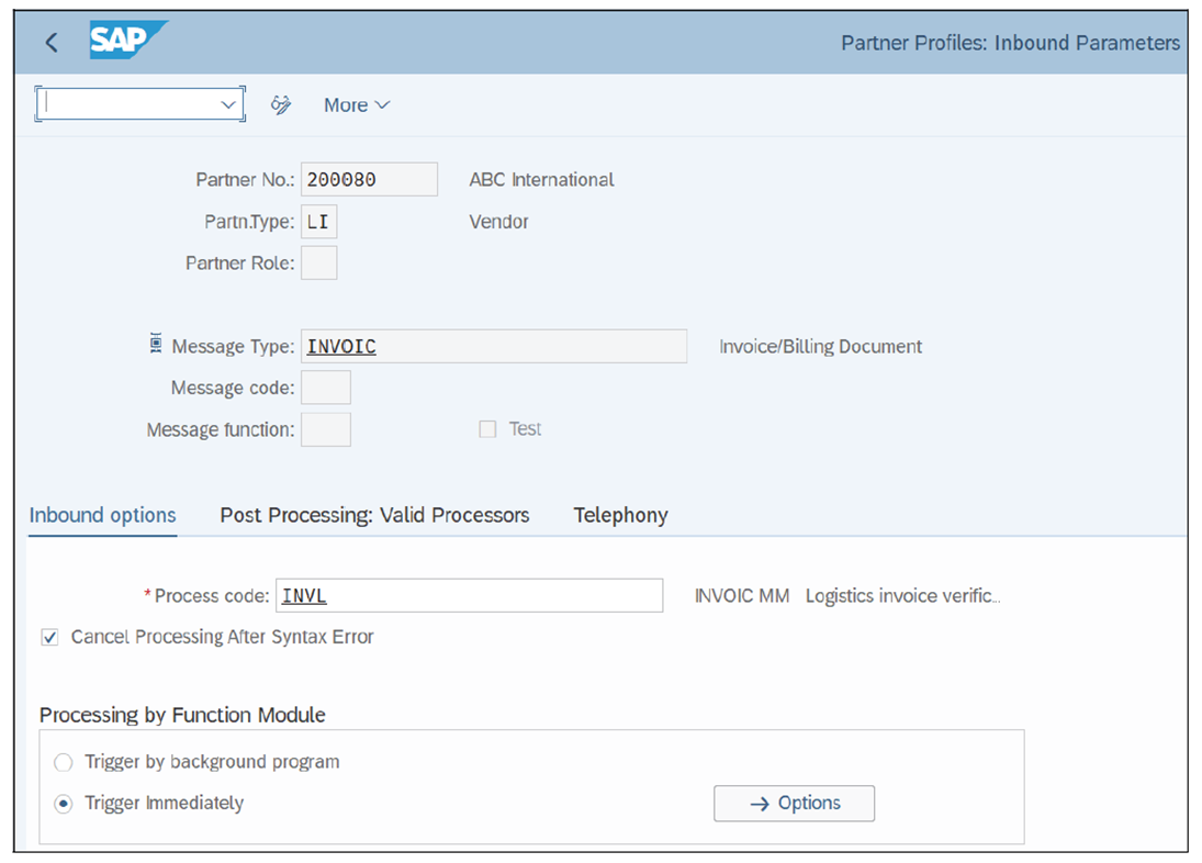 Partner Profile for Vendor with Inbound Parameters for Invoice