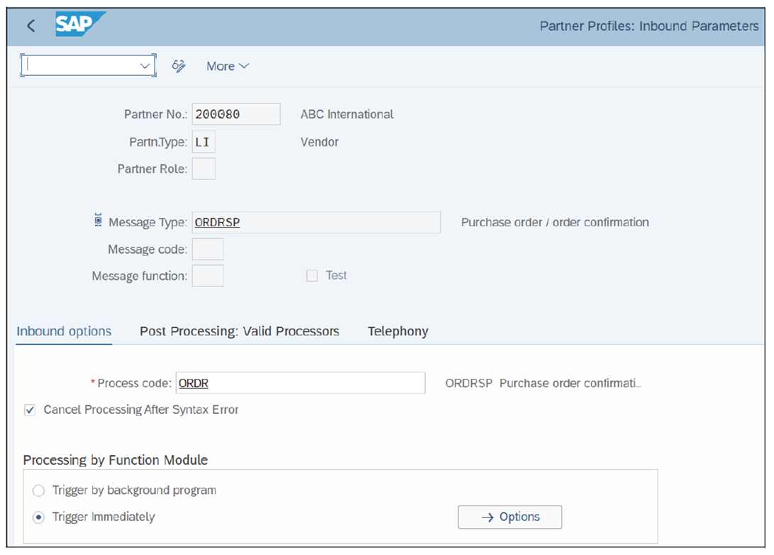 Partner Profile for Vendor with Inbound Parameters for Purchase Order Confirmation